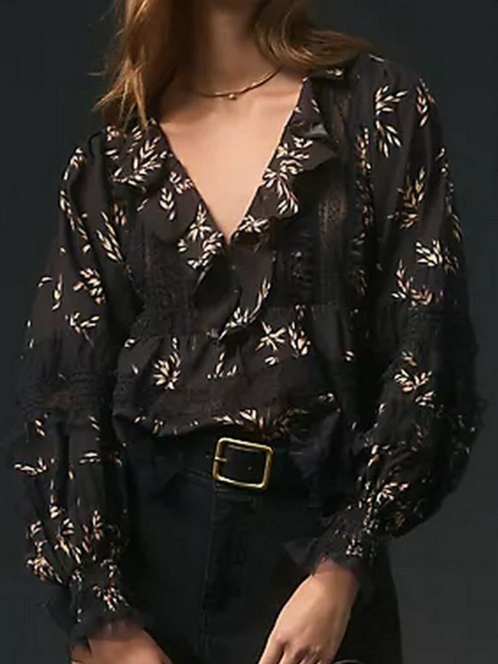 Anthropologie Black Motif V-Neck Ruffle Lace Detail Blouse - Picture 3 of 11